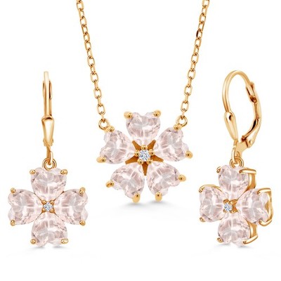 18K Yellow Gold Plated Silver Rose Rose Quartz and Zirconia Pendant Earrings