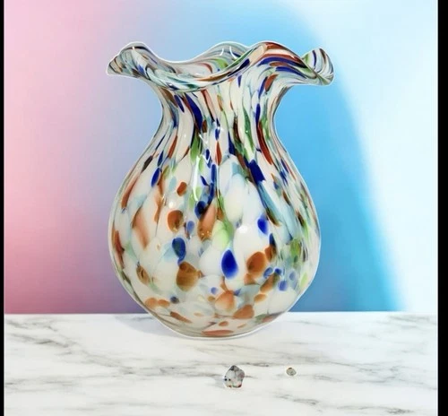 Murano-Style Hand Blown Art Glass Vase Multi Ruffle-Top Confetti Speckled