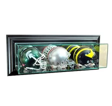 New Wall Mounted Triple Mini Helmet Glass Display Case UV Black Molding Made US