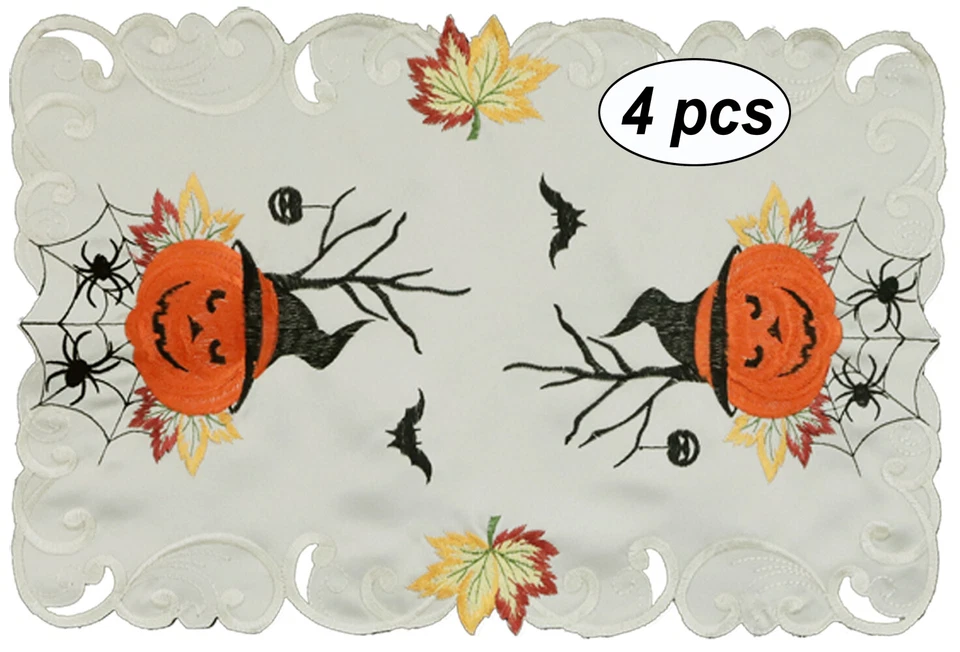 Creative Linens Fall Halloween Placemats Table Cloth Runner Mantel Scarf Ivory - Image 2 of 4