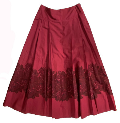 AGNES B Maxi Skirt Burgundy Cotton Pleated Rose Print Accent Sz 40 US 8