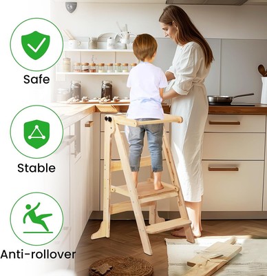 Montessori Foldable Learning Tower, Toddler kitchen helper,3 Adjustable Heights