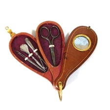 Antique Sewing Etui Leather Wrapped Case with Mirror