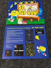 2 1983 FACTORY ORIGINAL MIDWAY JR. PAC-MAN VIDEO GAME PROMO FLYER UNCIRCULATED