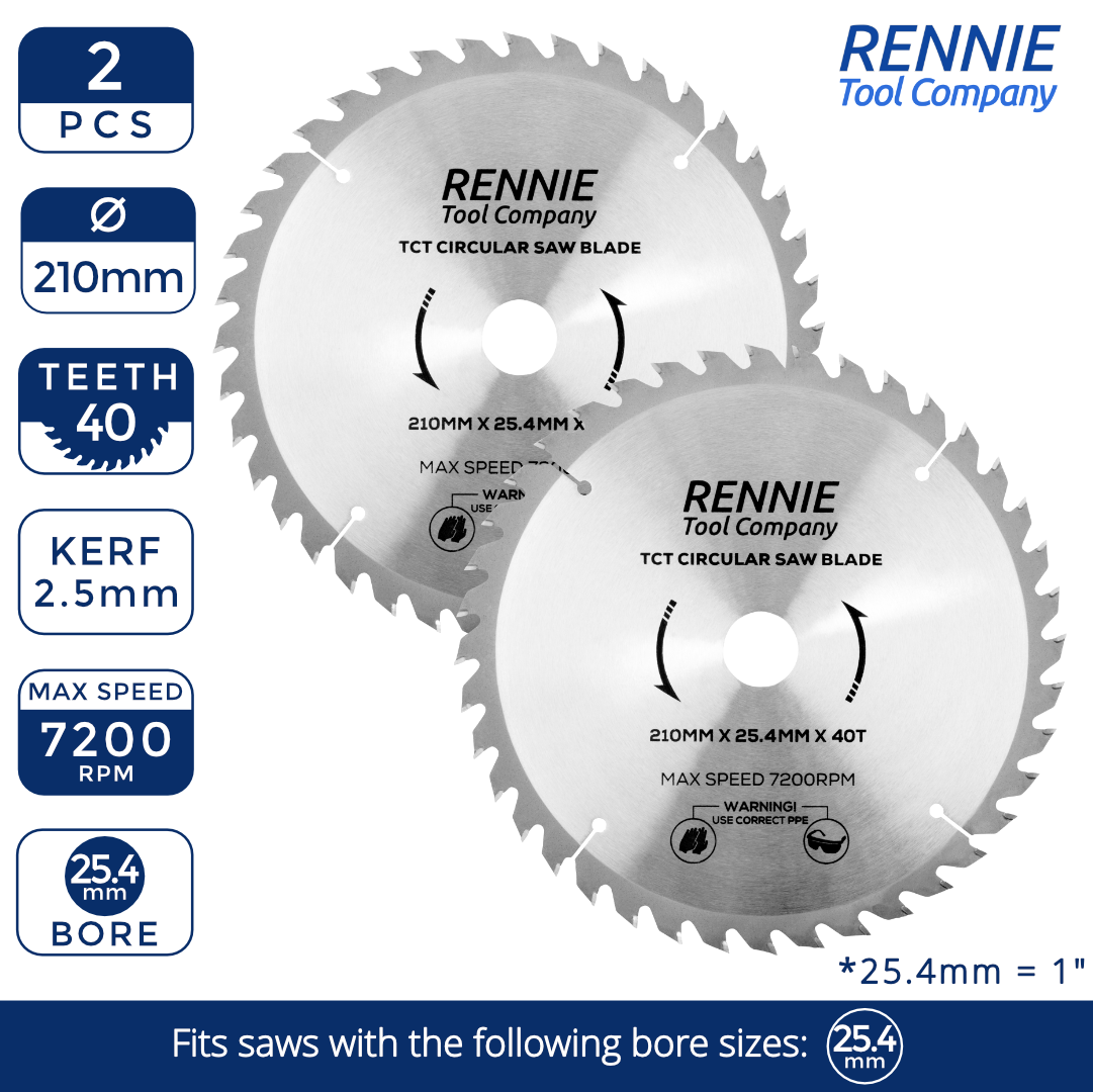 2 x TCT Circular Wood Saw Blade 210mm x 40T fits Evolution Rage Saws 25.4mm Bore