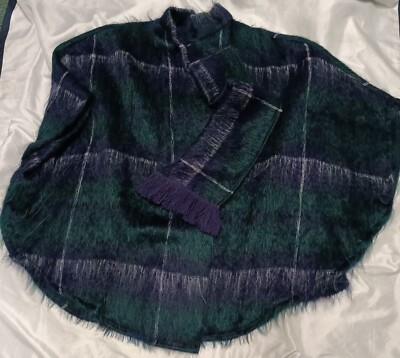 WOW!! VTG Locharron~Womens Poncho Mohair~Wool Green/ Purple With Plaid Scarf!! 