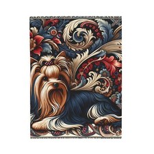 Velveteen Plush Blanket Border Print Yorkshire Terrier Floral Design