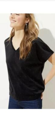 LOFT plus black v neck mini studded velvet short sleeve top size 20/22 NEw