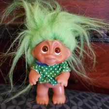 Vintage SIGNED Thomas Dam Green Hair Troll 3" Green Polka Dot Top 1985