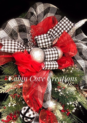 Buffalo Plaid Teardrop Swag Wreath Black White Buffalo Plaid Christmas Decor - Picture 5 of 12