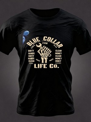Men's Blue Collar Christmas T-Shirt - Skeleton Hand Graphic & Dirty Hands Quot