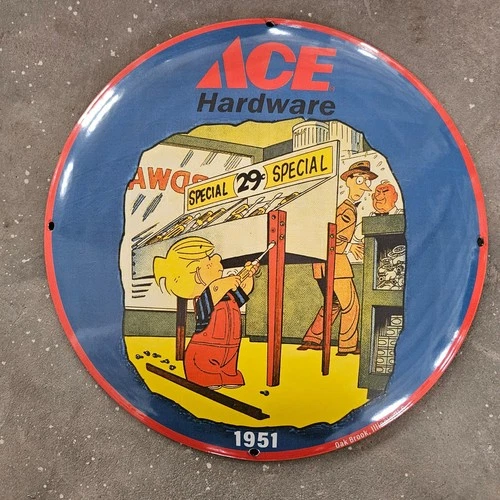 VINTAGE CONVEX 1951 ACE HARDWARE GASOLINE OIL GAS PUMP ENAMEL PORCELAIN SIGN