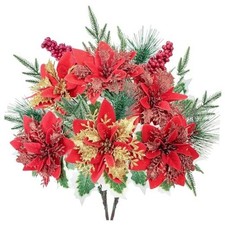 2 Bundles Poinsettias Artificial Christmas Flowers Bouquet Glitter Fake Red