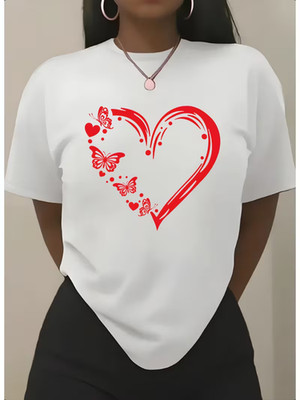 Women's Heart Butterfly Graphic T-Shirt Crew Neck Short Sleeve Casual Summer Tee