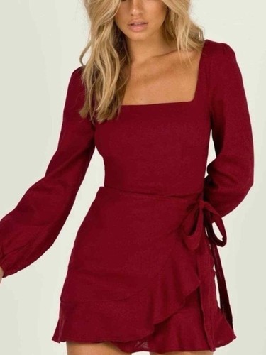 Princess Polly The Villa Mini Dress Burgundy Long Sleeve Ruffle Size 6