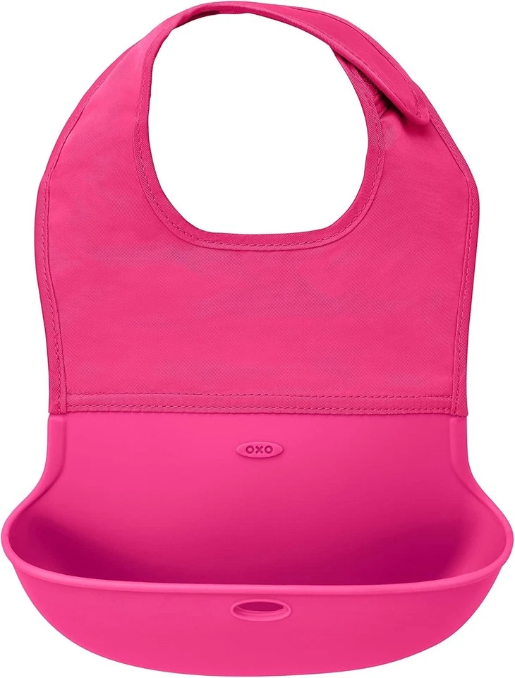OXO Tot Roll-Up Baby Feeding Bib Soft Fabric Silicone Pocket Pink 6M+ New - Image 1 of 4