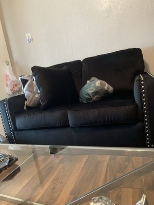 Black Contemporary Fabric Sofa with Studded Arms, High Back, 2-Seater