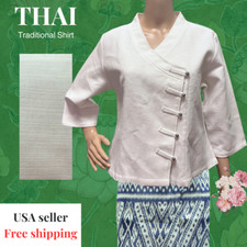100 COTTON BEAUTIFUL WOMAN S LONG SLEEVE THAI TRADITIONAL WHITE SHIRT CHEST40"