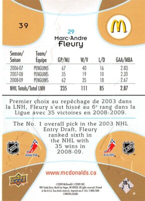 2009-10 McDonald's Upper Deck #39 Marc-Andre Fleury | eBay