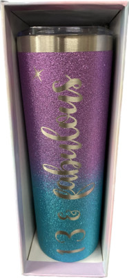 13 & Fabulous Aqua/Pink Glitter 20 oz Skinny Tumbler- NIB