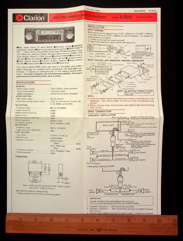 Clarion 5700R Am/FM Cassette Receptor Instrucciones Folleto Manual Guía del Propietario Foto 3 de 4