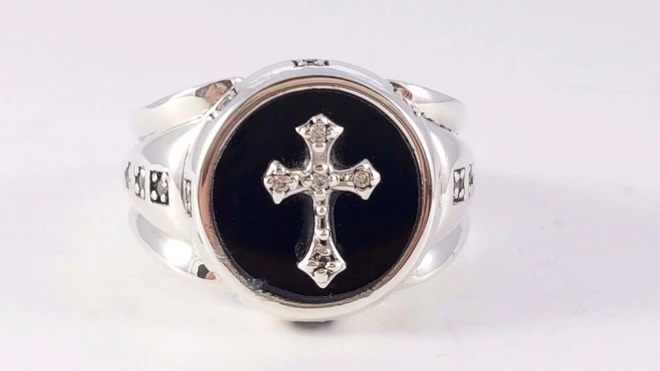 UOMO Pesante Onice Nera Medievale Croce Argento Sterling 925 Massiccio Fedina - Immagine 3 di 3