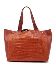 Vince Signature V Mixed Media Croc Large Leather Tote Bag Whiskey Rust Bnwt $595