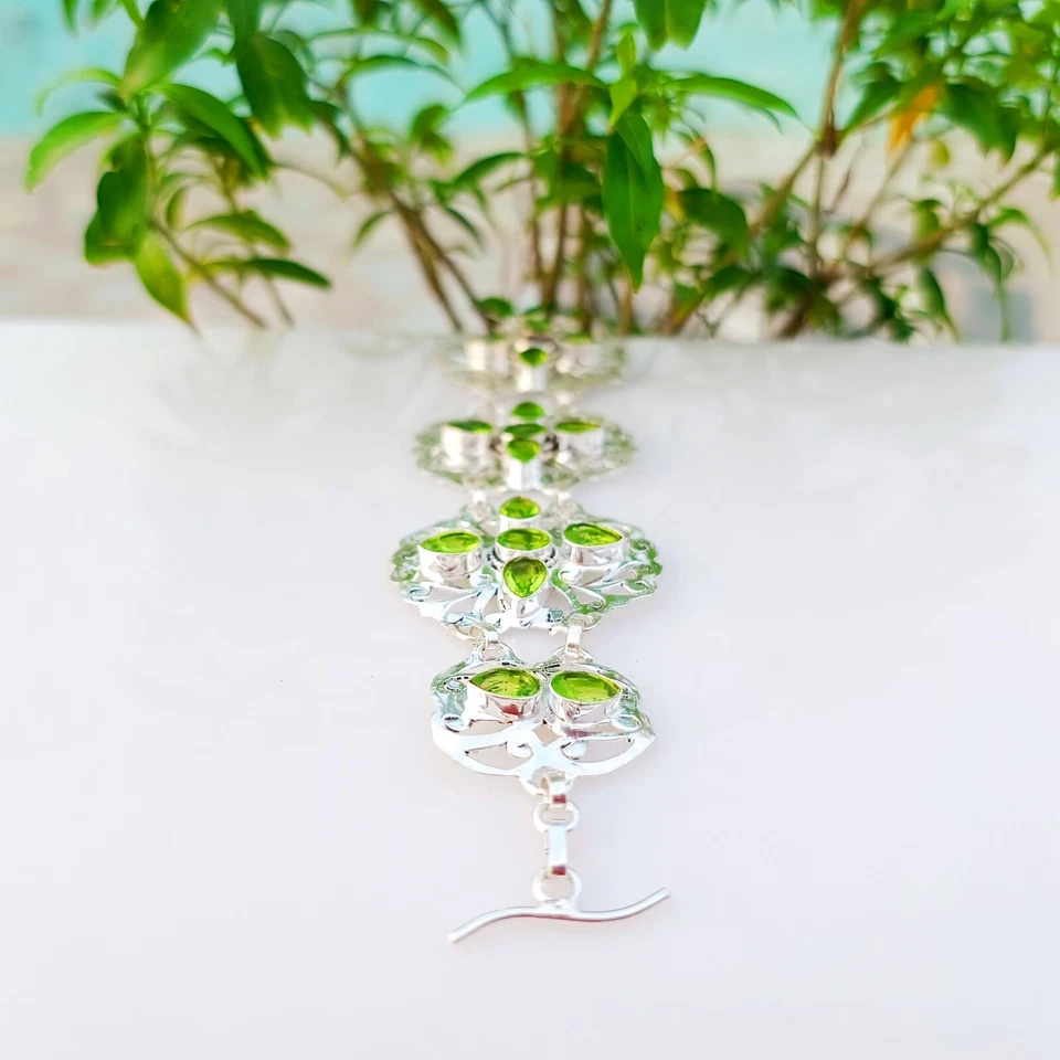 Green Peridot Gemstone Bracelet 925 Sterling Silver Handmade Adjustable Jewelry - Image 3 of 4