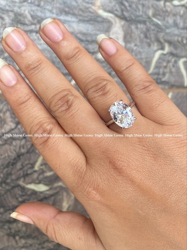 Anello di fidanzamento solitario aureola nascosto taglio ovale allungato 8 ct oro bianco 14 carati - Foto 5 di 7