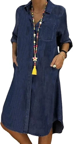 Women Spring Loose Long Sleeve Button Up Shirt Dress Dress Flowy Tunic Shifts - Bild 6 von 22