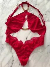 Victorias Secret Nwt Sexy Red Cut Out High Neck Embellished One Piece Teddy XL