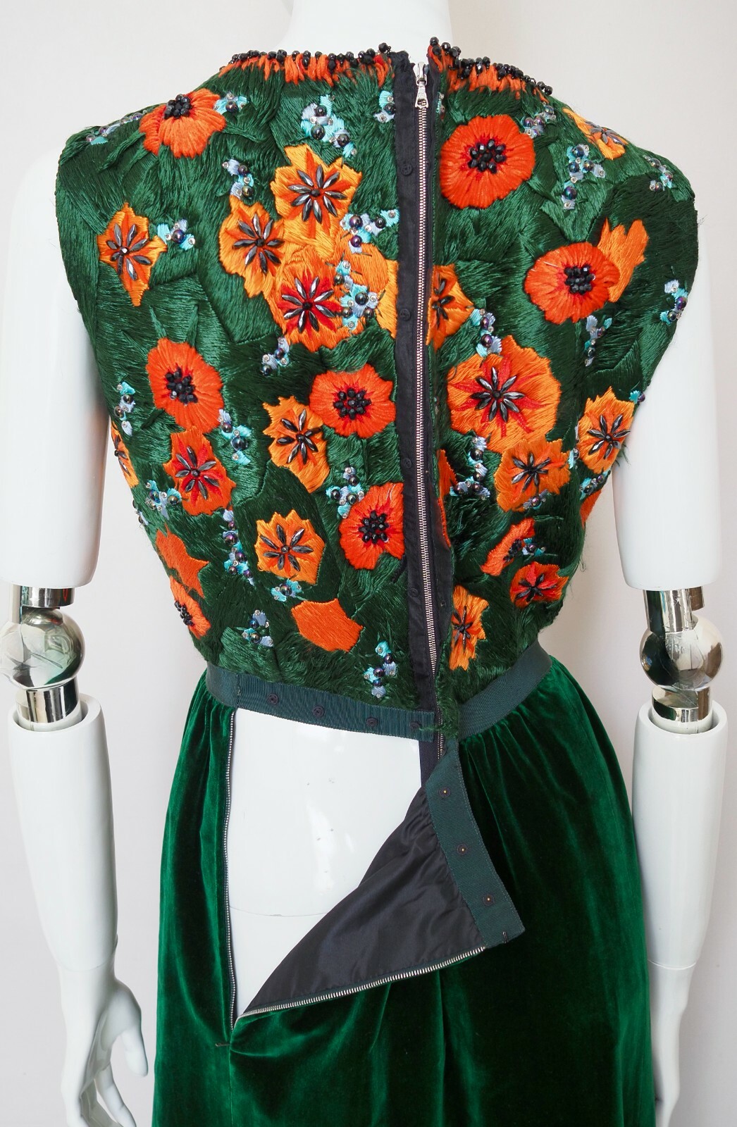 HOBBY Milano stunning vtg dress emerald green velvet orange hand beaded UK8-10 image 6