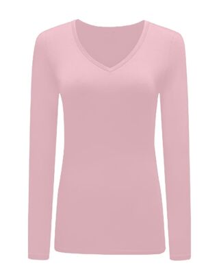 Neu Damen Frauen Langarm Stretch Uni V-Ausschnitt T-Shirt Top Größe 8-26