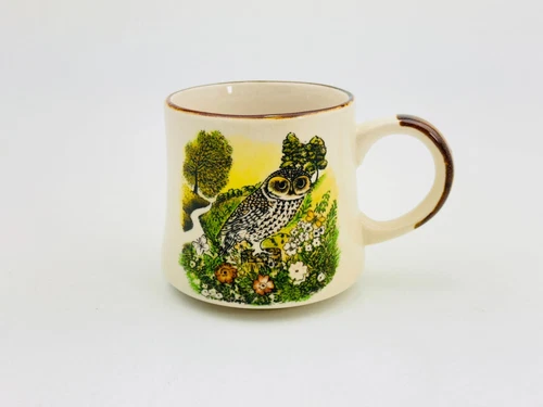 Vintage Stangl Art Pottery Transfer Lithograph Owl Glazed Tea Coffee Cup Mug 8oz