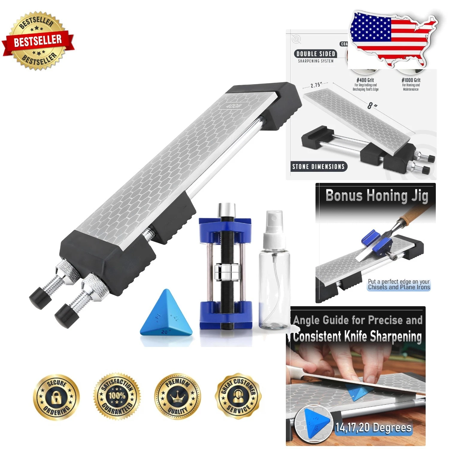 Professional Knife Sharpener Diamond Stone Set w/ Adjustable Base & Jig