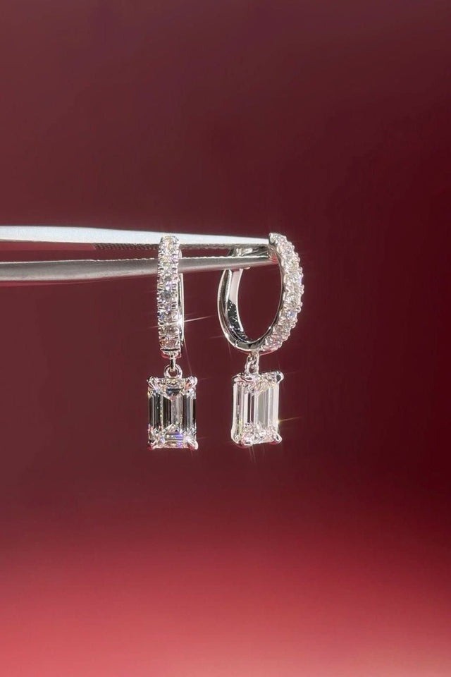 Certified 2 CT F/VS1 Emerald Lab Grown Diamond 14K Gold Huggie Dangle Earrings