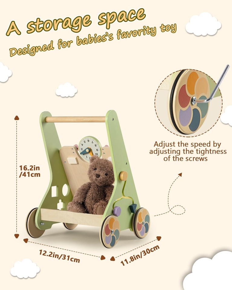 Wooden Baby Walker with Wheels, Push Walker for Baby Boy 12 Months ...