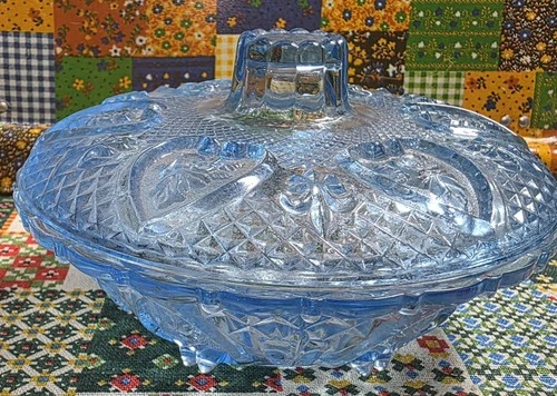 Vintage KIG Depression Glass Ice Blue Candy Dish With Lid Hearts And Roses 7"