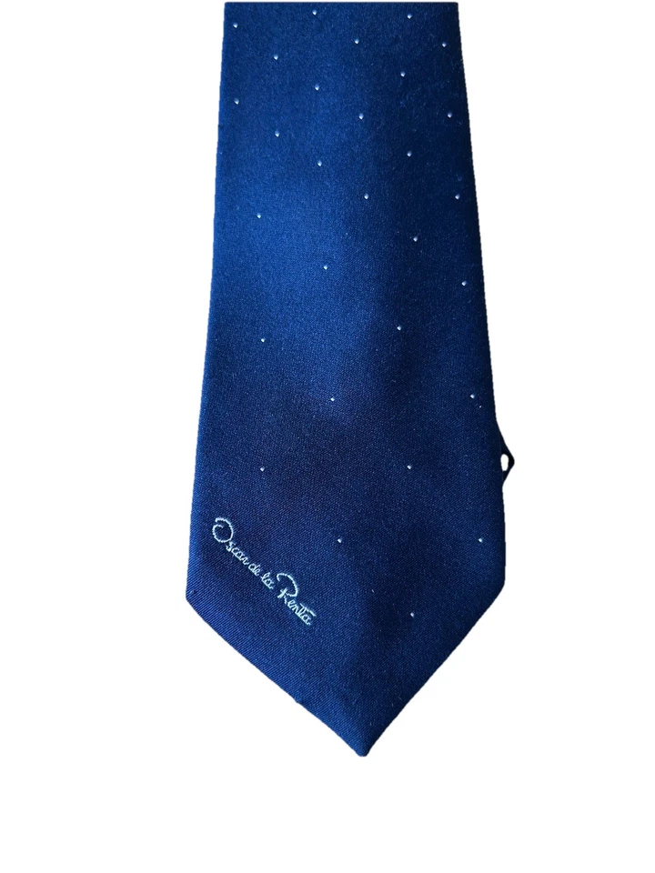 Corbata clásica vintage retro Oscar de la Renta azul real puntos blancos seda Foto 2 de 4