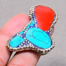 Red Coral Tibetan Turquoise Handmade Boho Nepali Jewelry Adjustable Ring SR 3405