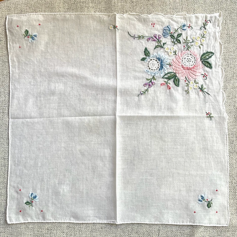 Pañuelo Vintage 11.5 pulgadas Cuadrado Blanco Floral Crochet Inserto Bordado Italia Foto 2 de 4