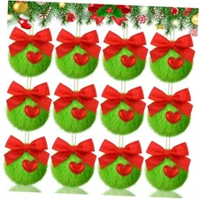 Gejoy 12 Pcs Lime Furry Christmas Ball Ornaments with for Tree Green Red Bow