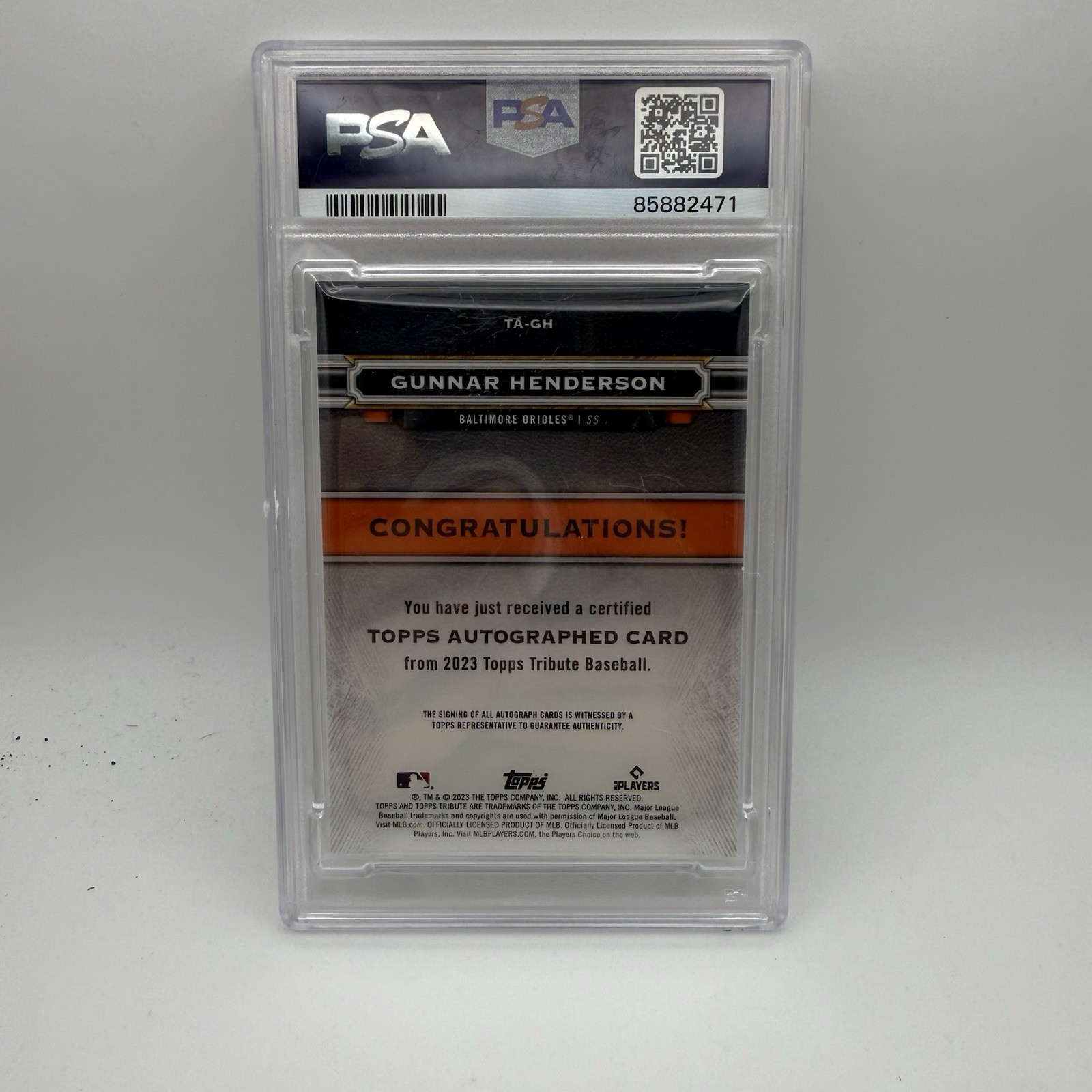 2023 Topps Tribute Gunnar Henderson Blue Auto /150 RC PSA 8 Auto 10 Orioles view 1