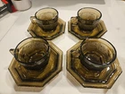Vintage Glassware Set Of 4 Anchor Hocking Brown Octagon Cups And Saucers