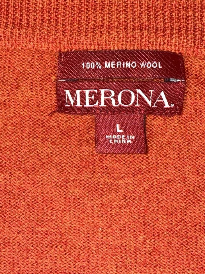 Merona Mens Sz L Orange 100%  Merino Wool V Neck Sweater Lightweight Classic - Image 4 of 4