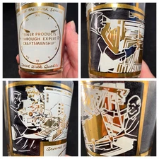 6 MCM Industrial Era Gold Graphics Vtg High Ball Glasses Man Cave 1908 Beissel