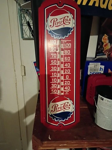 Vintage Large 27" Red Pepsi Cola Thermometer Metal Tin Sign Soda Pop Advertising