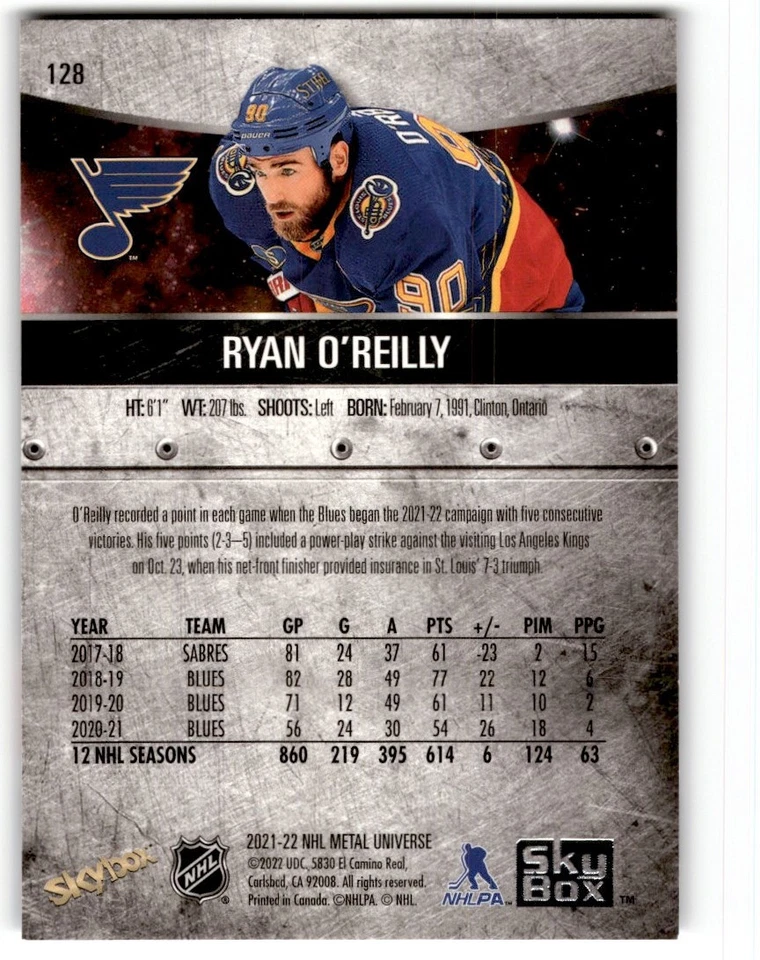 2021-22 Skybox Metal Universe Jersey Variation SP Ryan O'Reilly #128 St. Louis - Image 2 of 2