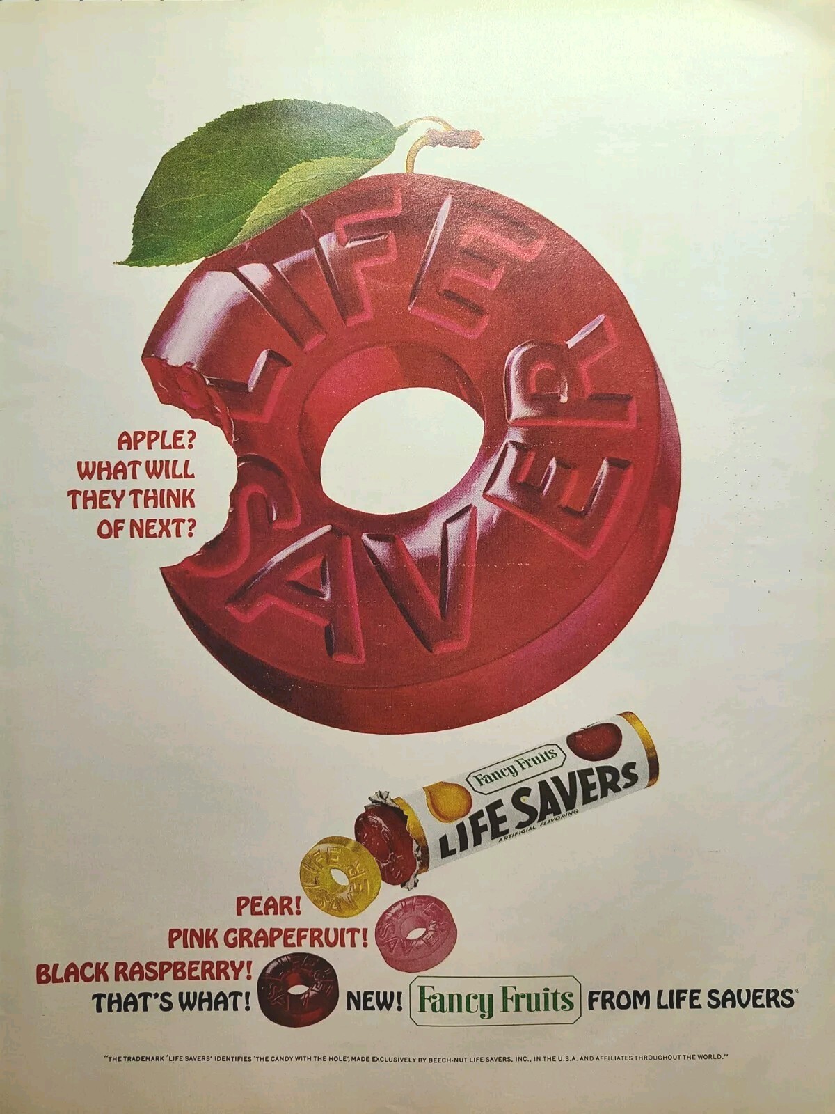 Life Savers Fancy Fruits Apple Pear Grapefruit Radpberry Vintage Print Ad 1965