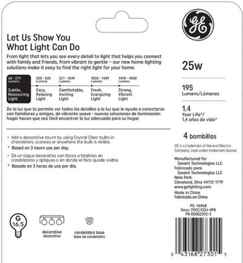 GE 4 pk 25w Light Bulb White Bathroom Light Bulbs 195 Lumens E12 Base - Image 2 of 4